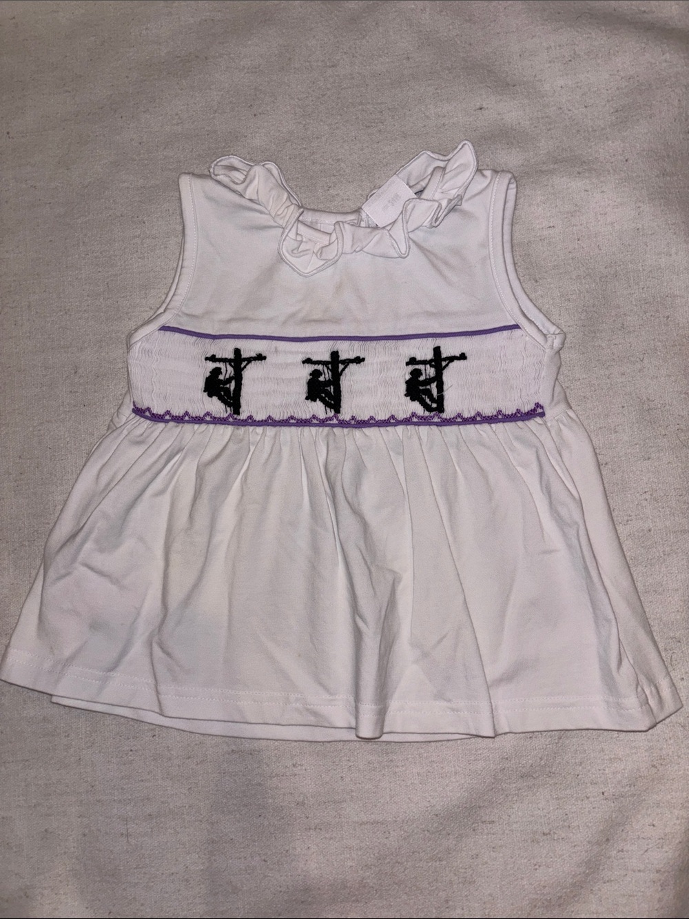 Smocked Girls White Ruffled Tank Top with Purple Trim (Lineman)